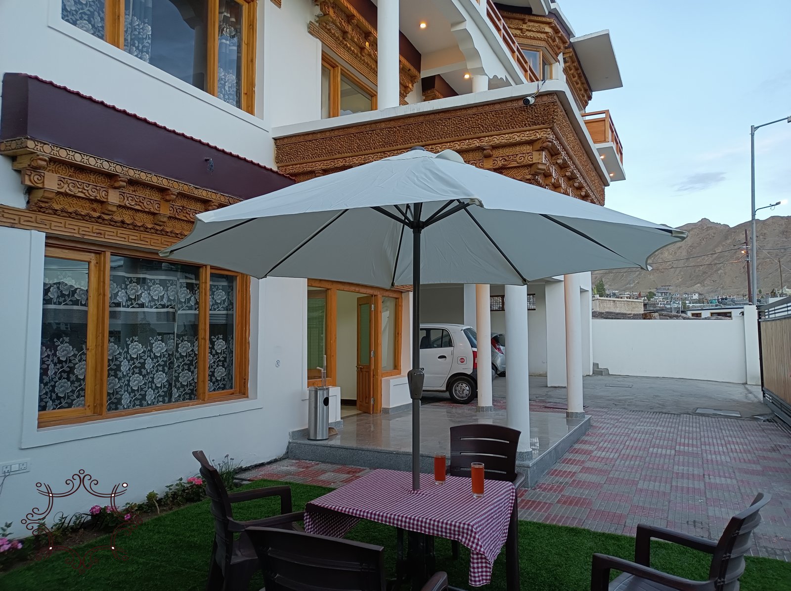 wooden polished satircase hotel in Ladakh 